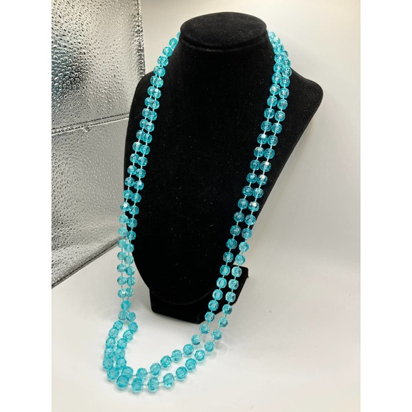 Long Transparent Turquoise Beaded Necklace! - Picture 2 of 6